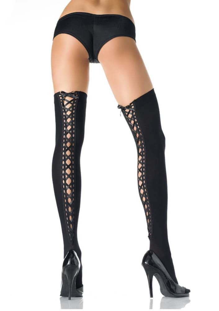 726289 OPAQUE THIGH HI W/ LACE UP BACK O/S BLK